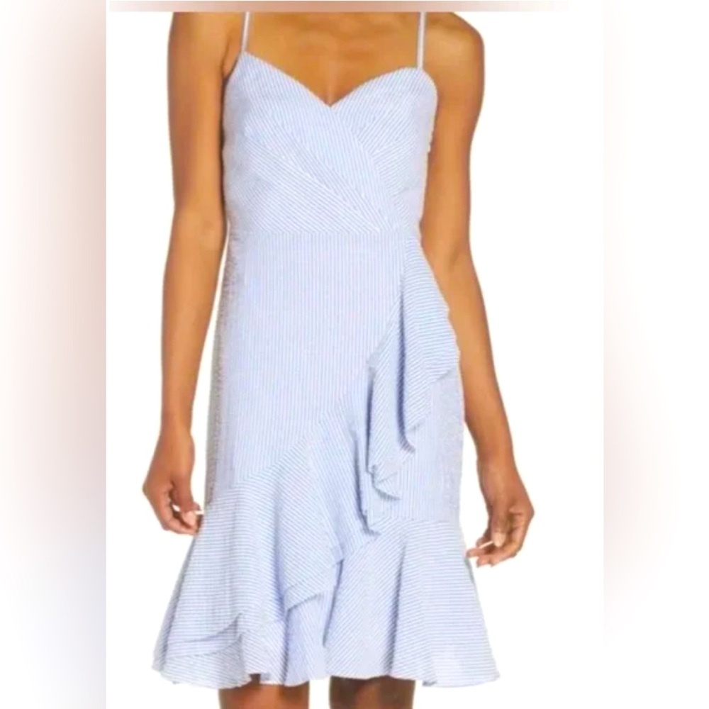 J Crew Seersucker Dress Striped Ruffle V-neck Sleeveless Lined Cotton Blue- Sz 2